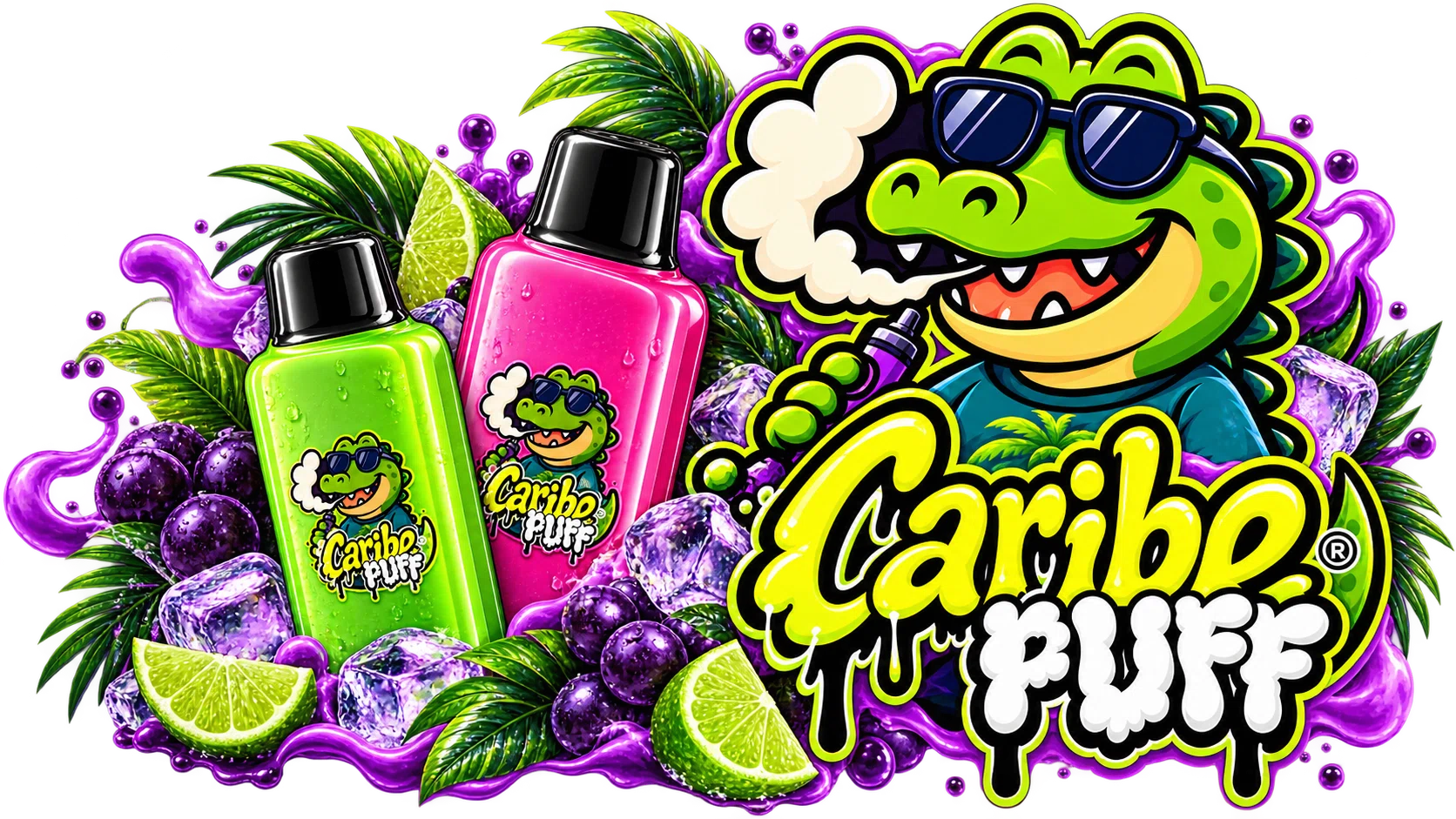 Mascota Caribe Puff con productos y elementos tropicales